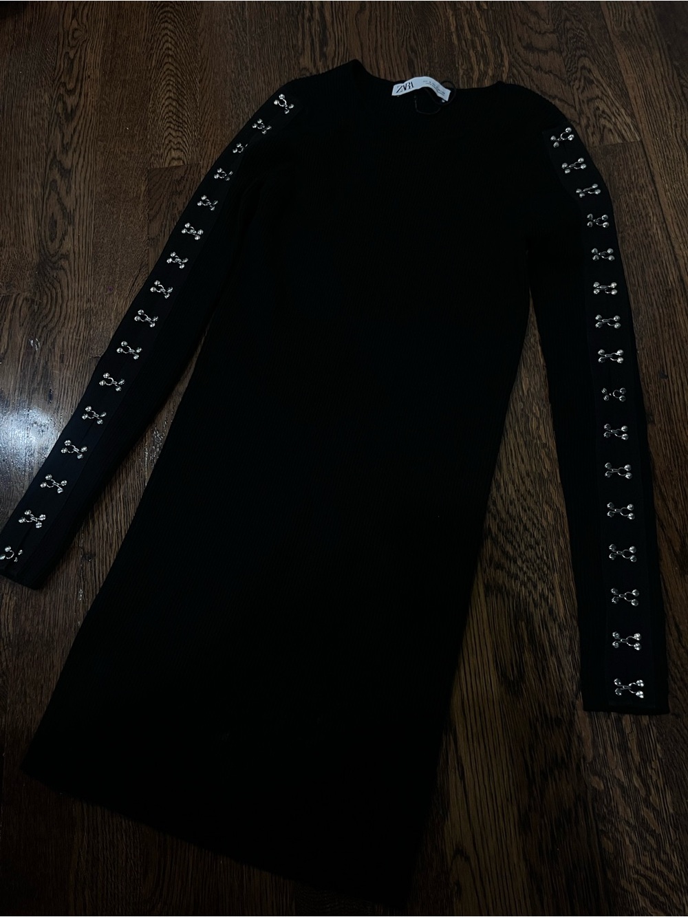 Zara Black Long-Sleeve Knit Dress with Silver Hook Details